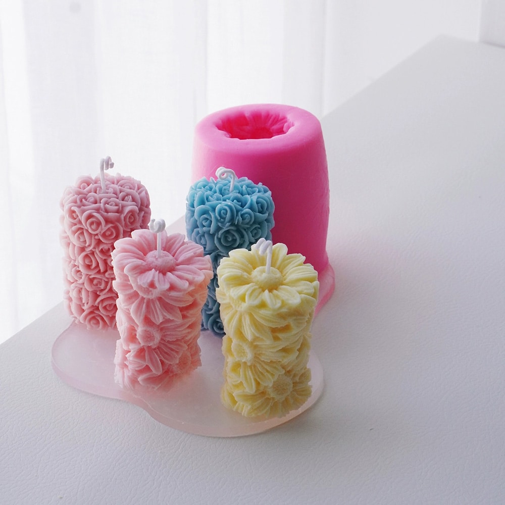 3d Chrysanthemum Rose Column Aromatherapy Candle Silicone Mold Handmade Soap Gypsum Column Model 8039