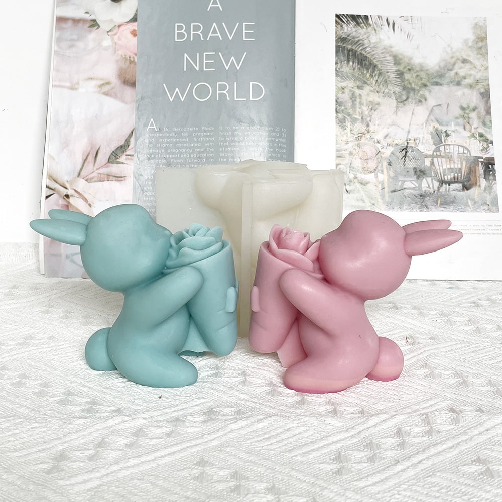 Valentine's Day Rose Rabbit Silicone Mold Holding Flower Bundle Confession Rabbit Candle Gypsum Chocolate Handmade Decoration Mold 8660